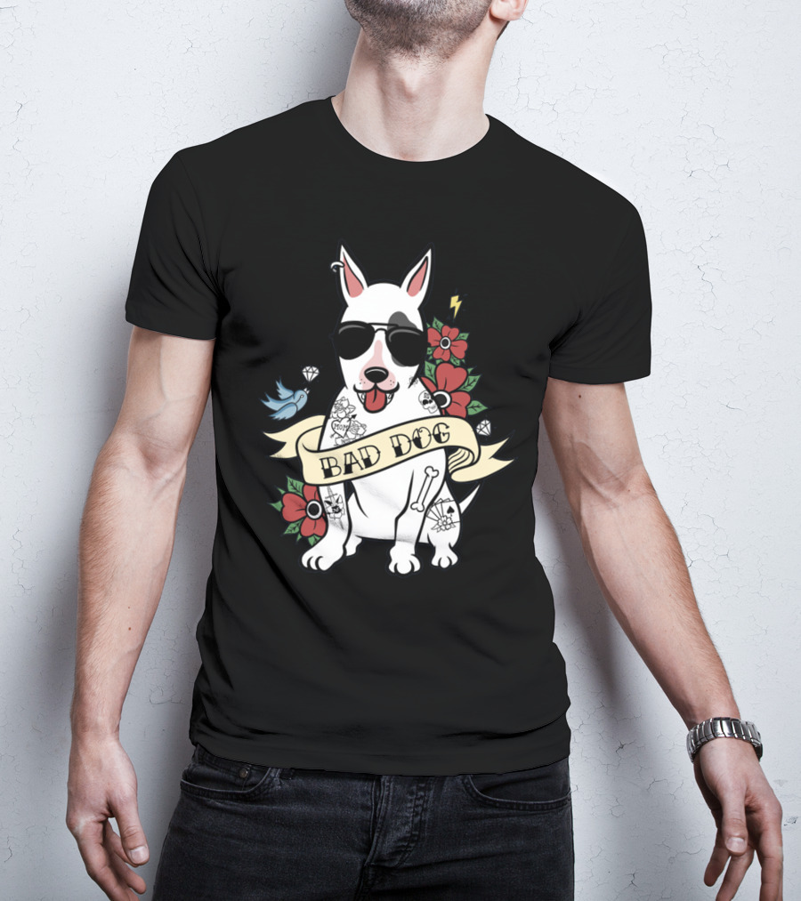 BAD DOG Tattooed Bull Terrier With Sunglasses And Flowers T-Shirt