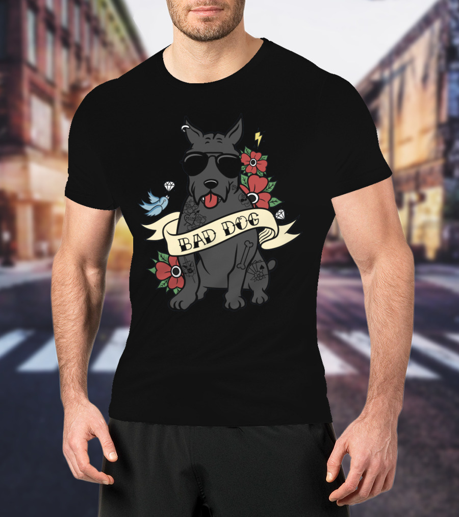 Cane Corso Bad Dog Sunglasses Tattoo Art With Flowers Lightning Bone Banner T-Shirt