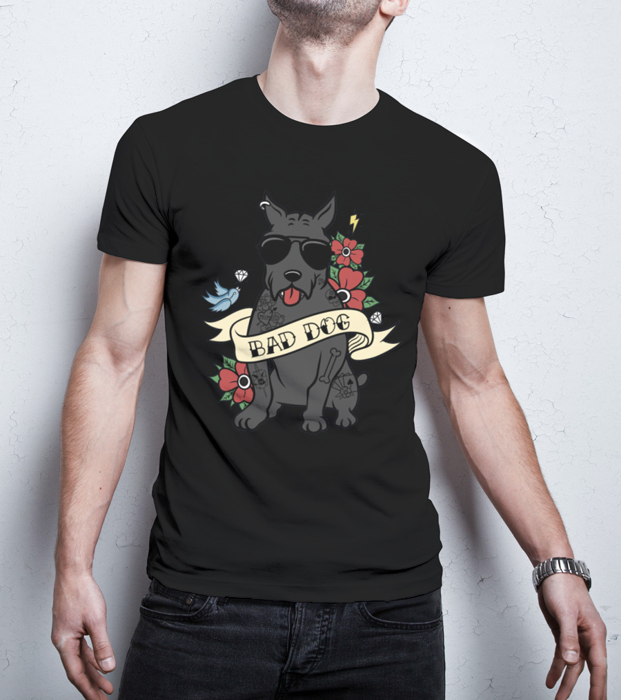 Cane Corso Bad Dog Sunglasses Tattoo Art With Flowers Lightning Bone Banner T-Shirt
