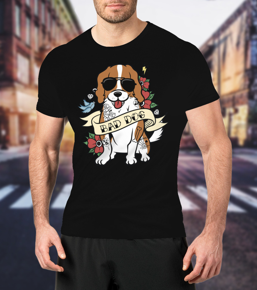 Cavalier Bad Dog With Tattoos And Sunglasses Surrounded By Flowers And Symbols T-Shirt