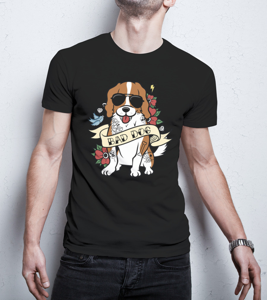 Cavalier Bad Dog With Tattoos And Sunglasses Surrounded By Flowers And Symbols T-Shirt