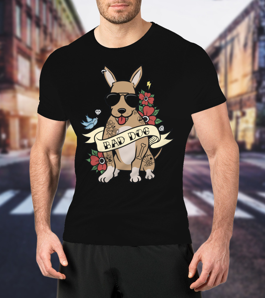 Chihuahua Bad Dog Tattoo Style With Sunglasses Flowers And Bird T-Shirt