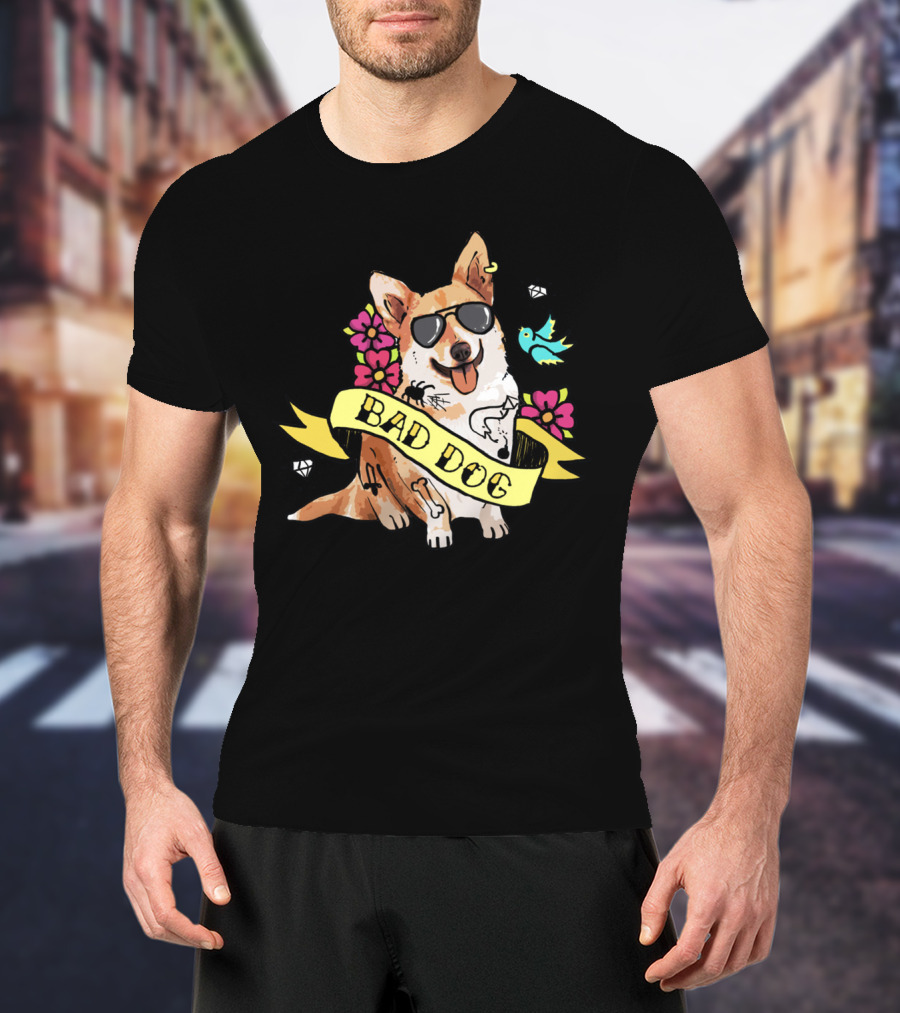 Bad Dog Corgi With Sunglasses And Flowers T-Shirt