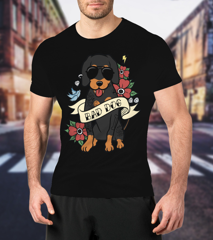 Bad Dog Cool Dachshund With Sunglasses And Tattoos Surrounded By Flowers And Lightning T-Shirt