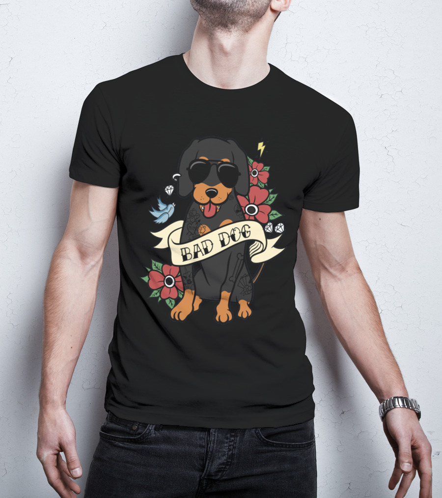 Bad Dog Cool Dachshund With Sunglasses And Tattoos Surrounded By Flowers And Lightning T-Shirt