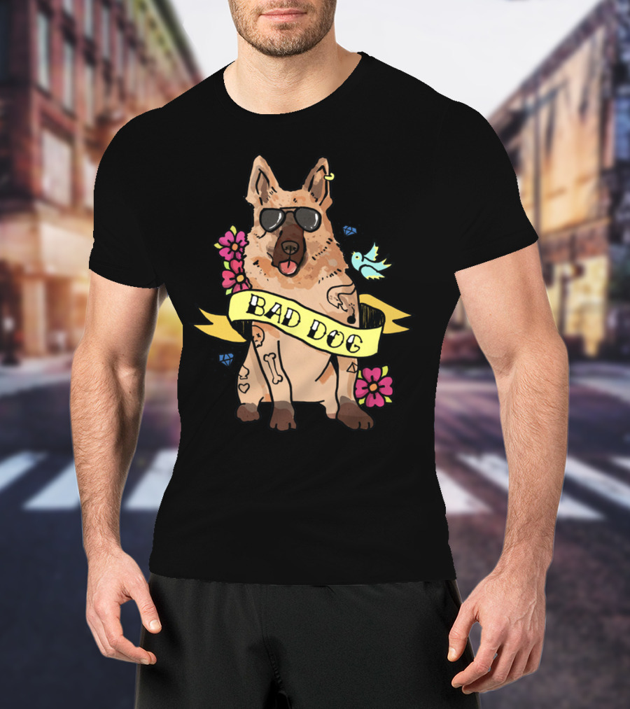 German Shepherd Bad Dog Cool Sunglasses Tattoo Style Flowers And Bird Banner T-Shirt