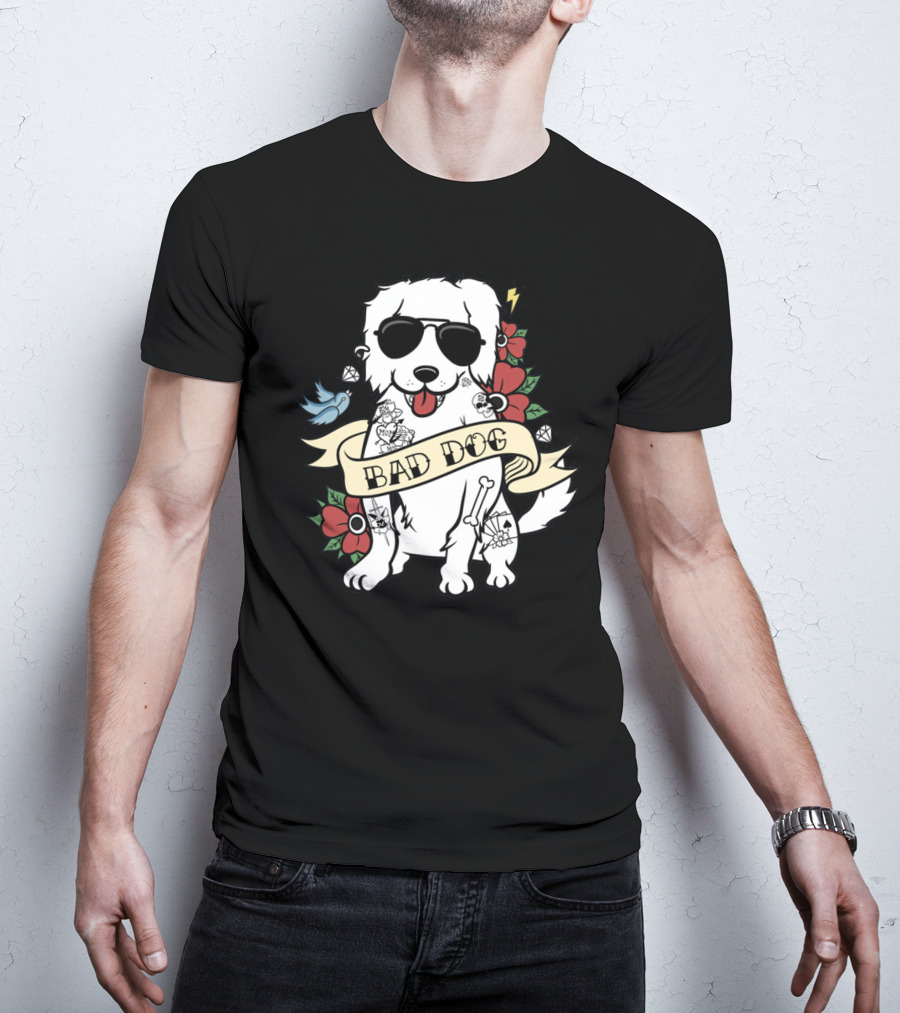 Great Pyrenees Bad Dog With Sunglasses And Tattoo Style Flowers T-Shirt