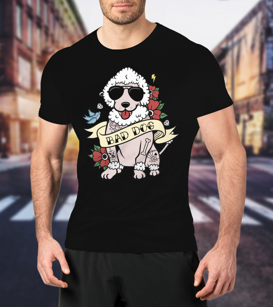 Poodle Bad Dog Wearing Sunglasses Tattoo Style With Lightning Flowers And Blue Bird T-Shirt