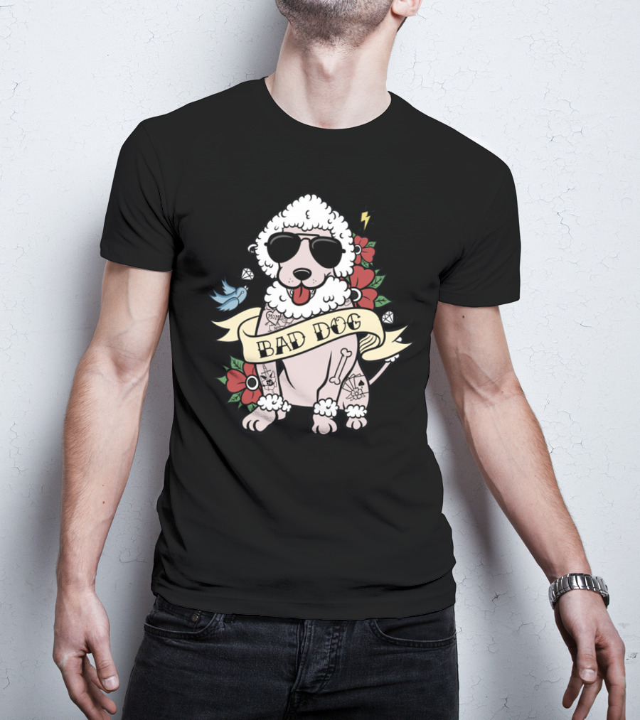 Poodle Bad Dog Wearing Sunglasses Tattoo Style With Lightning Flowers And Blue Bird T-Shirt