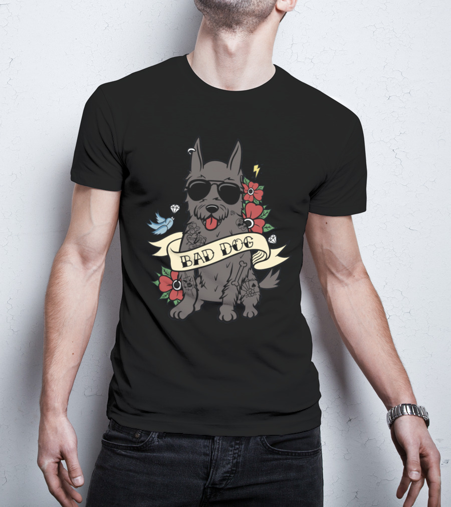 SCOTTIE BAD DOG Sunglasses Tattoo Diamond Red Flower Blue Bird Lightning T-Shirt