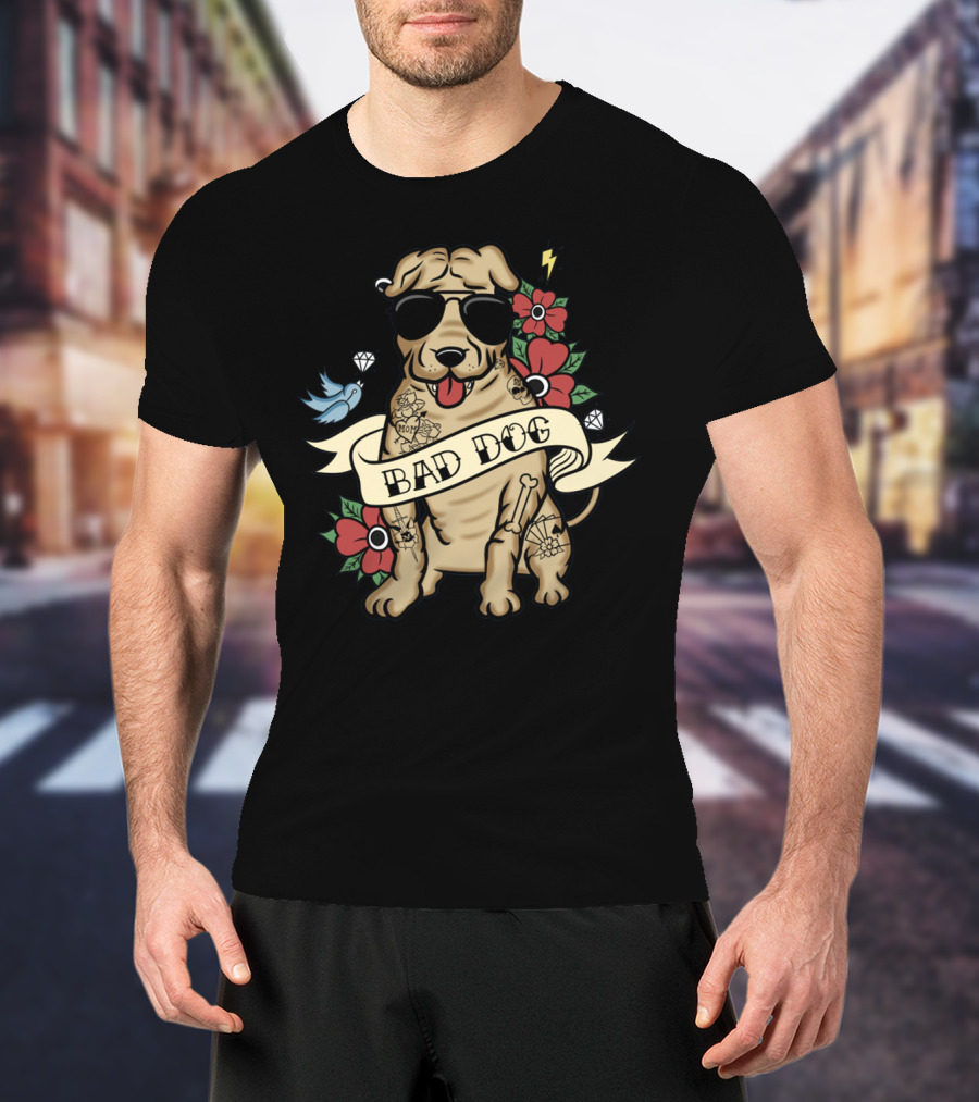 Shar Pei Bad Dog With Sunglasses Tattoos Flowers And Lightning T-Shirt