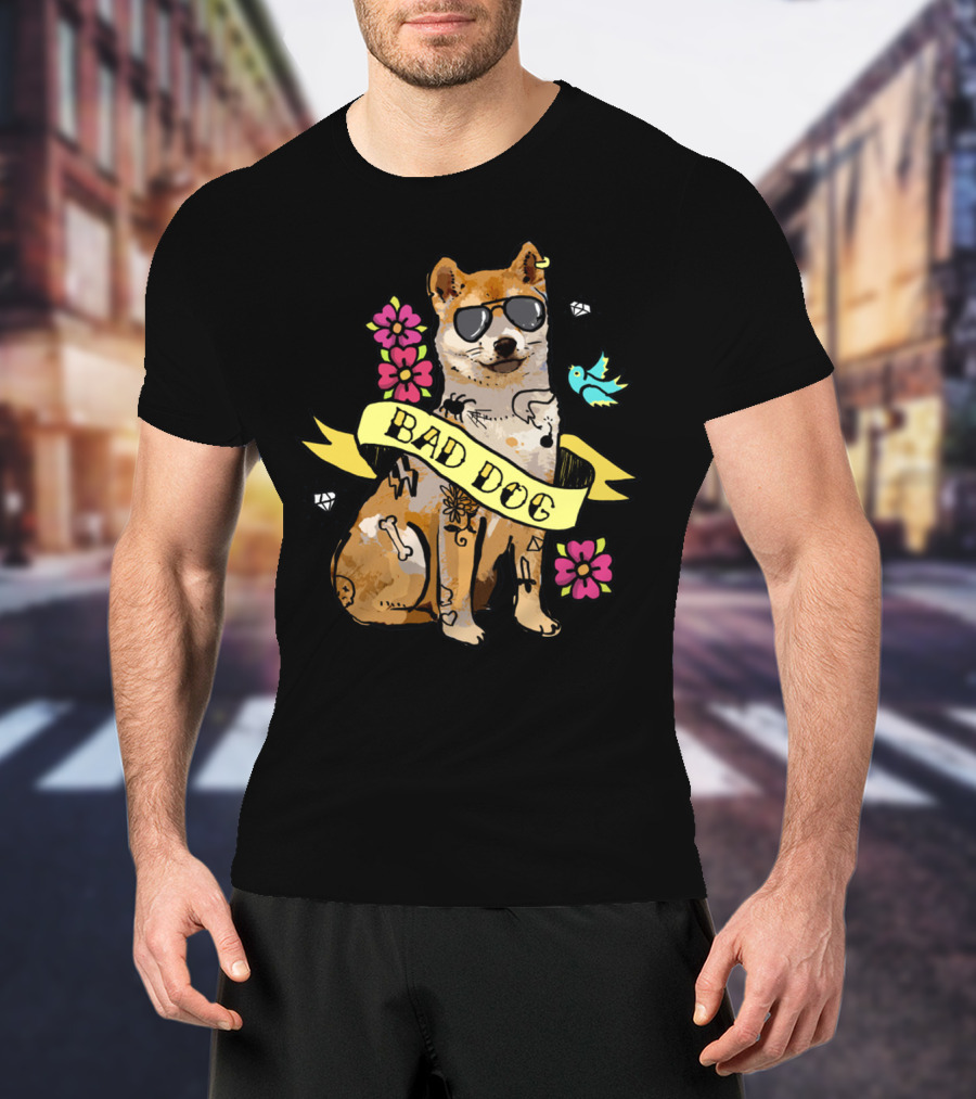 Shiba Inu Bad Dog With Sunglasses And Tattoos Ribbon Art Flowers Bird Diamond T-Shirt