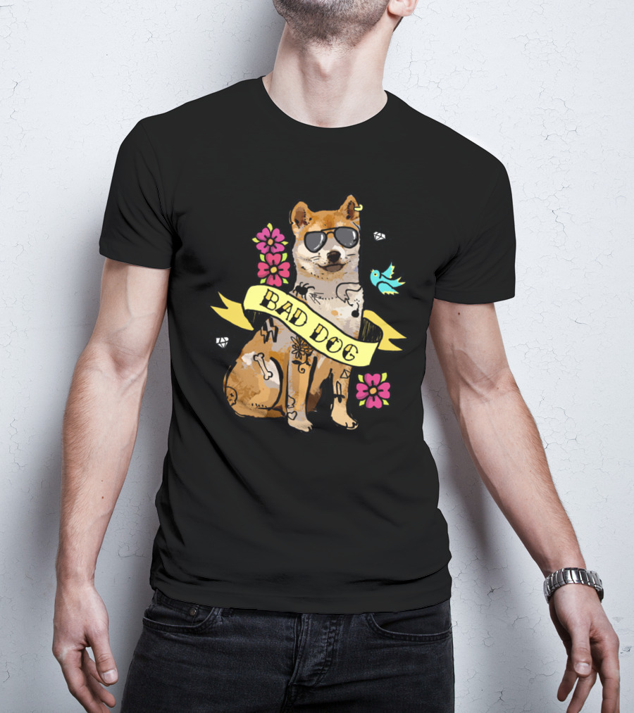 Shiba Inu Bad Dog With Sunglasses And Tattoos Ribbon Art Flowers Bird Diamond T-Shirt