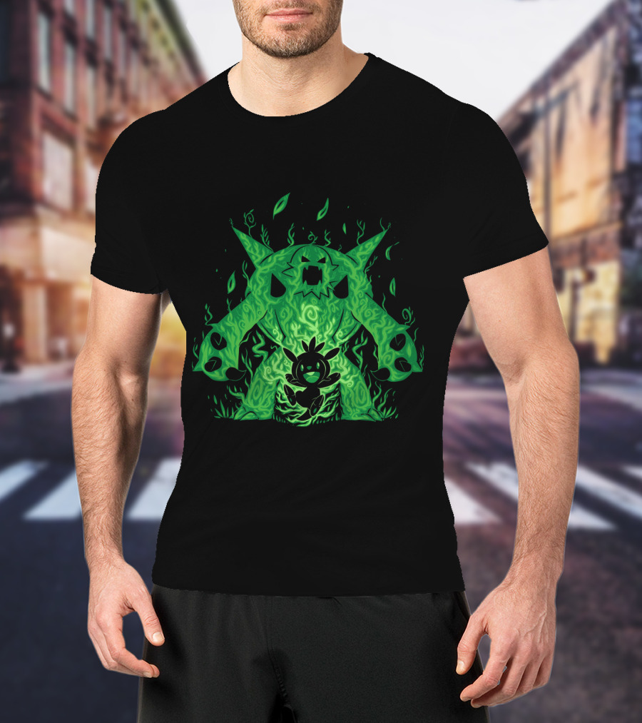Pokemon Evolution Chesnaught Chespin Silhouette Glowing Green Flames T-Shirt