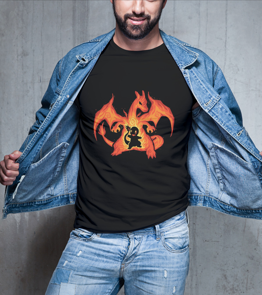 Evolution Charizard And Charmander Pokemon Fire Transformation T-Shirt
