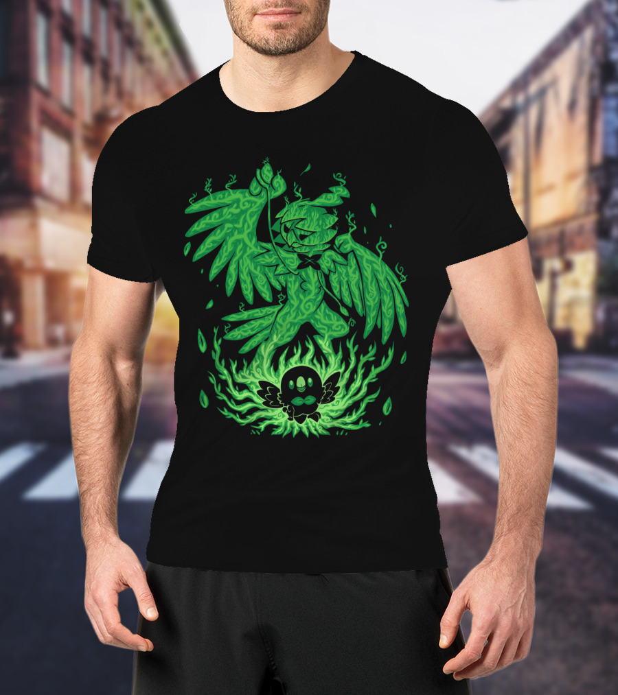 Evolution Pokemon Decidueye Rowlet Ghostly Green Flames T-Shirt