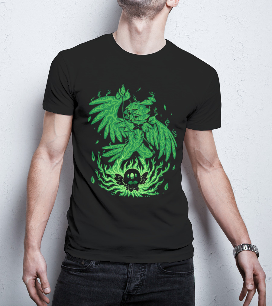 Evolution Pokemon Decidueye Rowlet Ghostly Green Flames T-Shirt