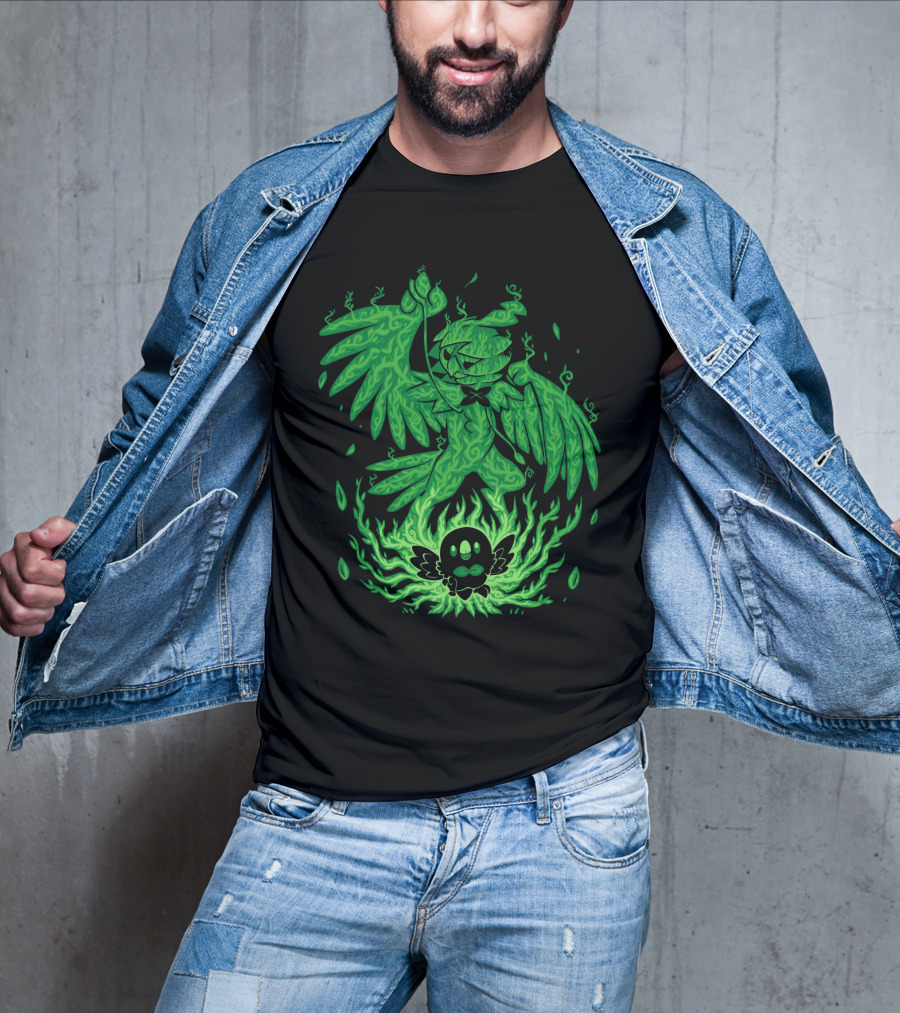 Evolution Pokemon Decidueye Rowlet Ghostly Green Flames T-Shirt