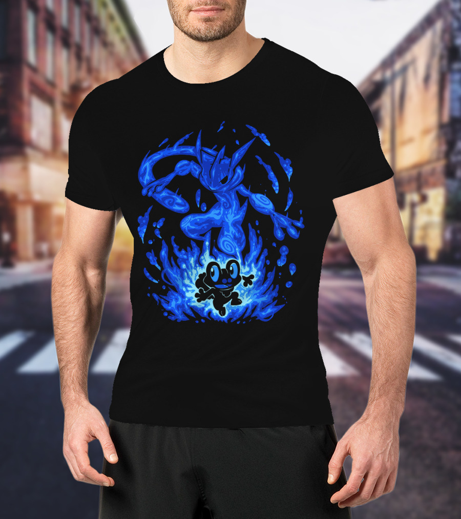 Evolution Pokemon Greninja Froakie Blue Flames T-Shirt