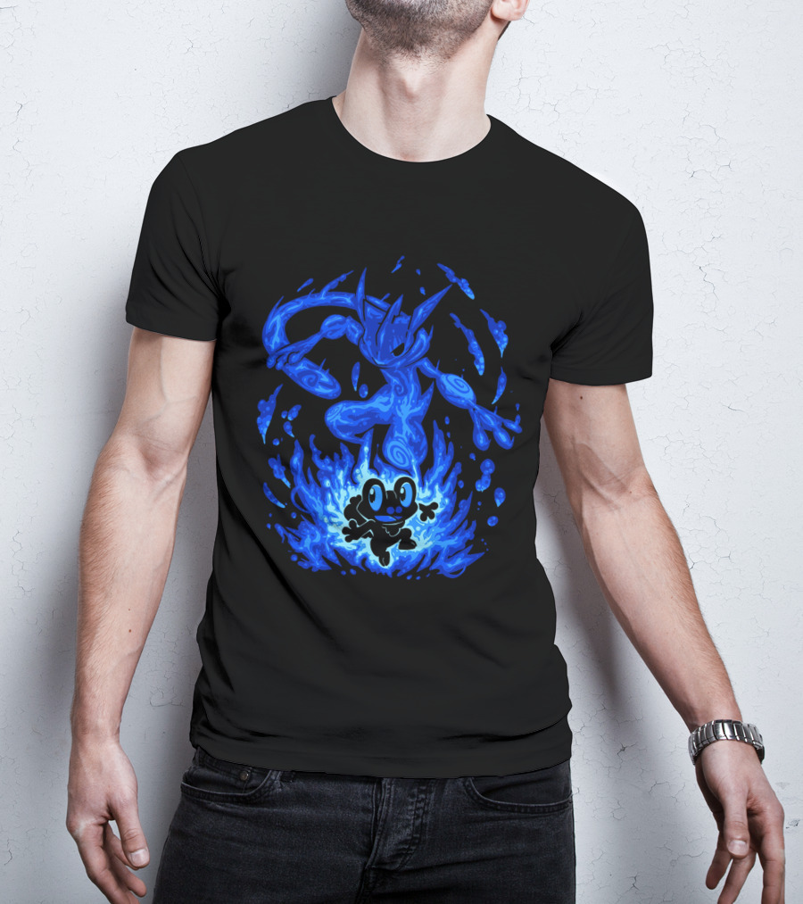 Evolution Pokemon Greninja Froakie Blue Flames T-Shirt