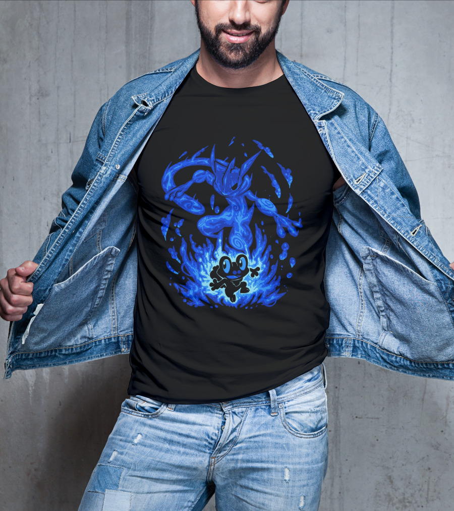 Evolution Pokemon Greninja Froakie Blue Flames T-Shirt