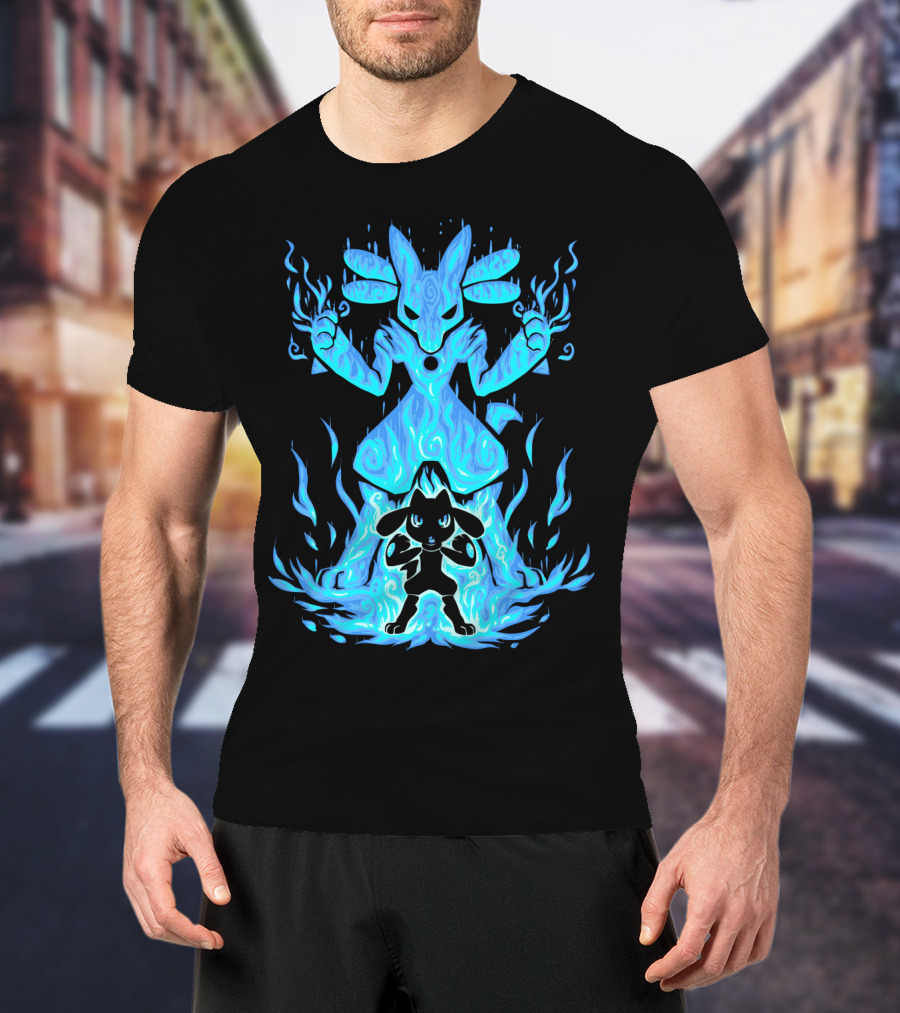 Evolution Pokemon Lucario Riolu Aura Flames T-Shirt