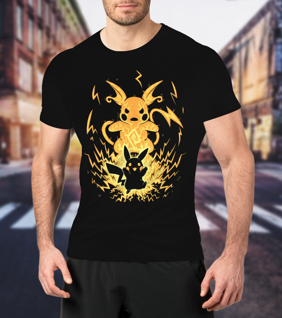 Evolution Pokemon Raichu With Pikachu And Lightning Background T-Shirt