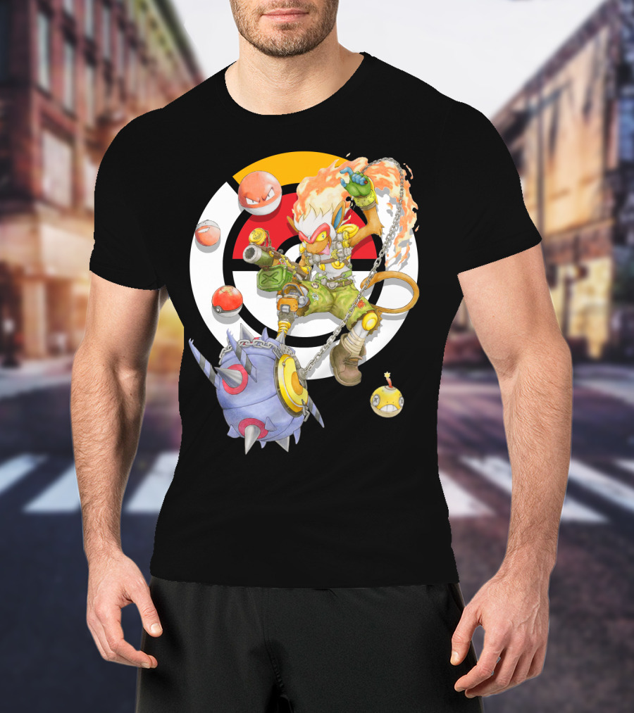 Pokemon X Overwatch Infernape And Junkrat Mashup With Pokeballs And Team Emblem T-Shirt