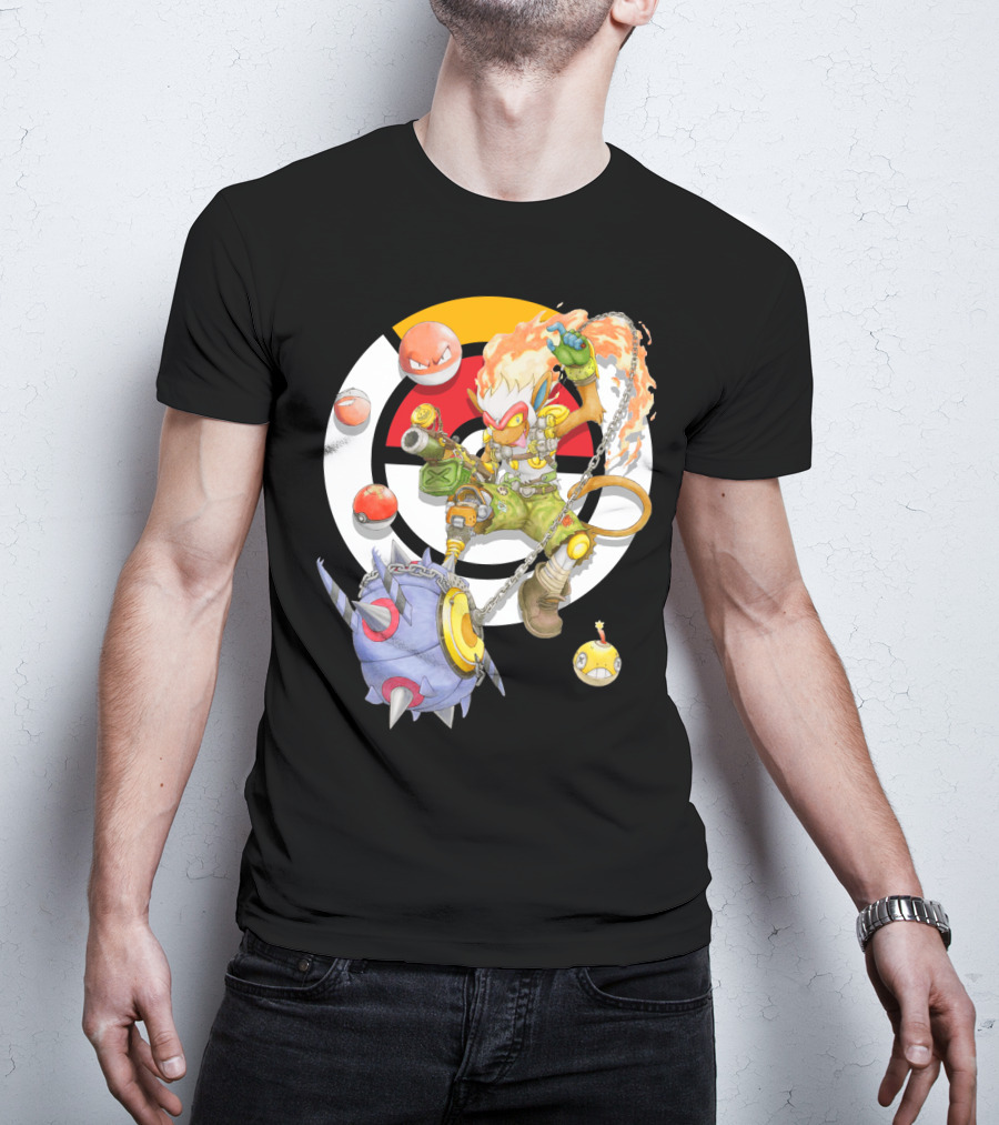 Pokemon X Overwatch Infernape And Junkrat Mashup With Pokeballs And Team Emblem T-Shirt