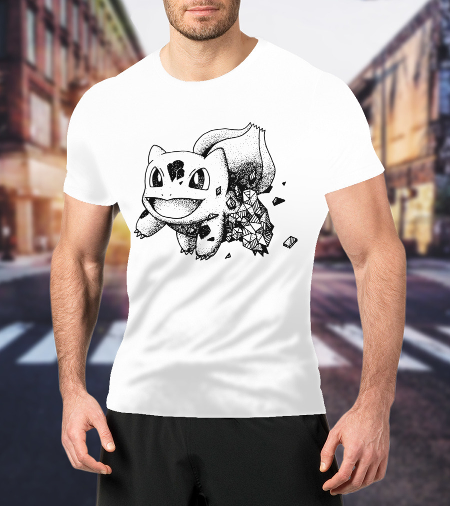 Geometric Pokemon Bulbasaur Pixel Art Style Black And White Pokedex Creature Digital Cubes T-Shirt