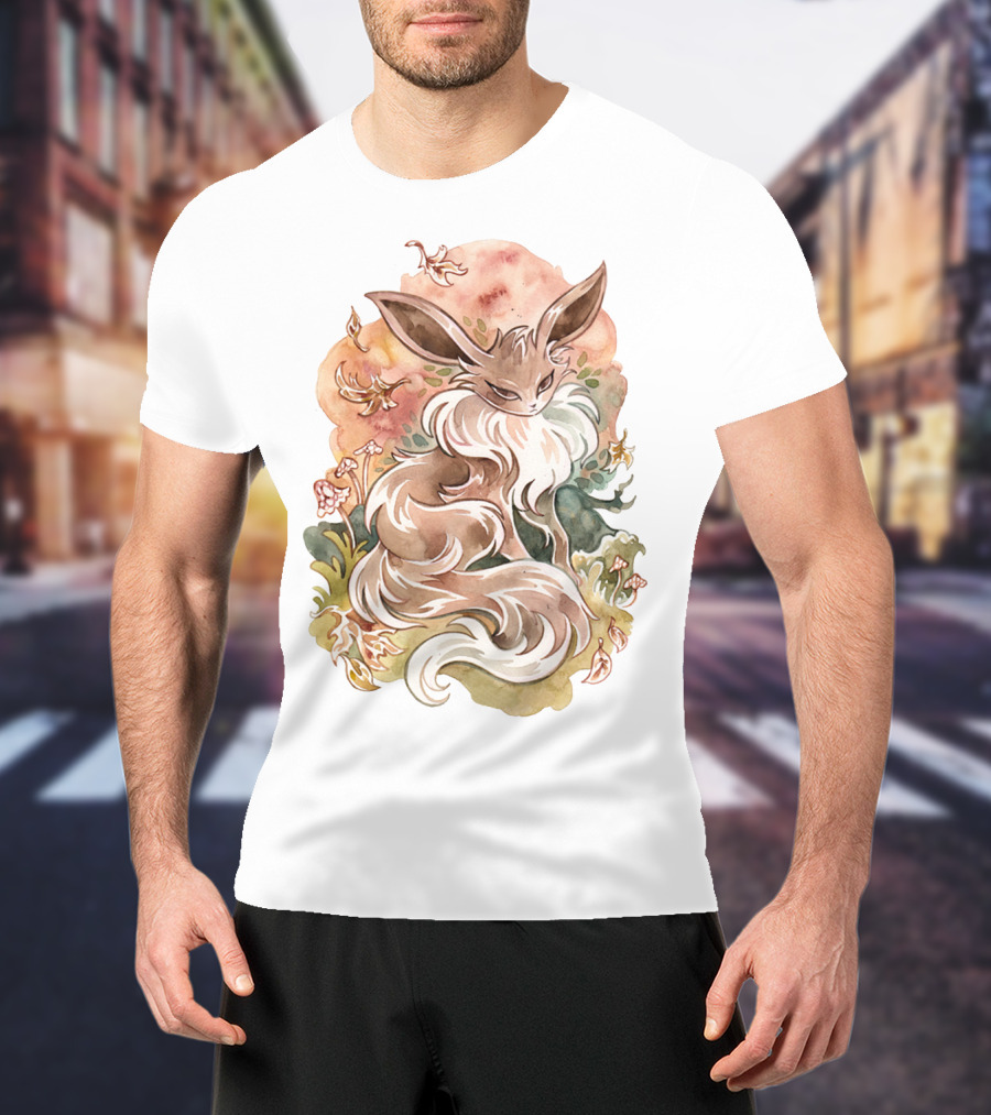 Watercolor Pokemon Eevee With Autumn Leaves And Flowers T-Shirt