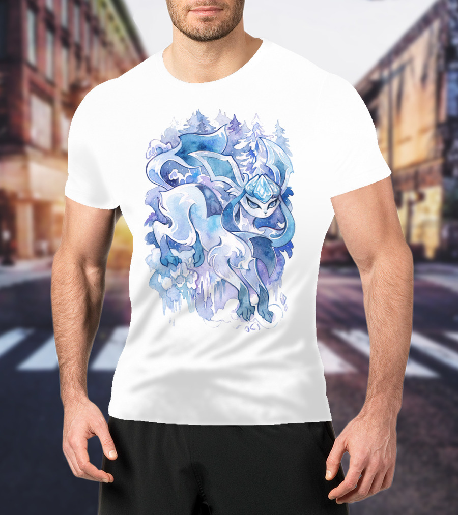Watercolor Pokemon Glaceon Snowy Forest Background T-Shirt
