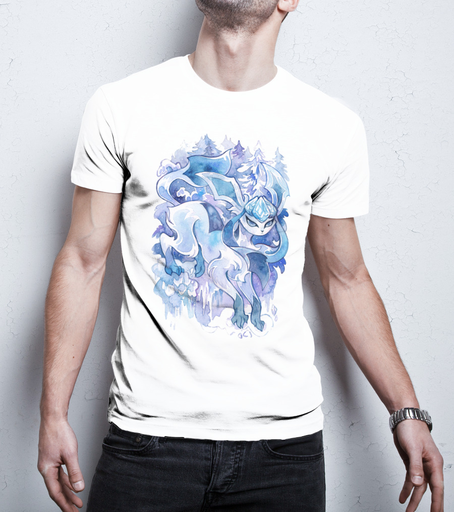 Watercolor Pokemon Glaceon Snowy Forest Background T-Shirt