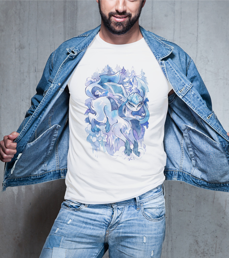 Watercolor Pokemon Glaceon Snowy Forest Background T-Shirt