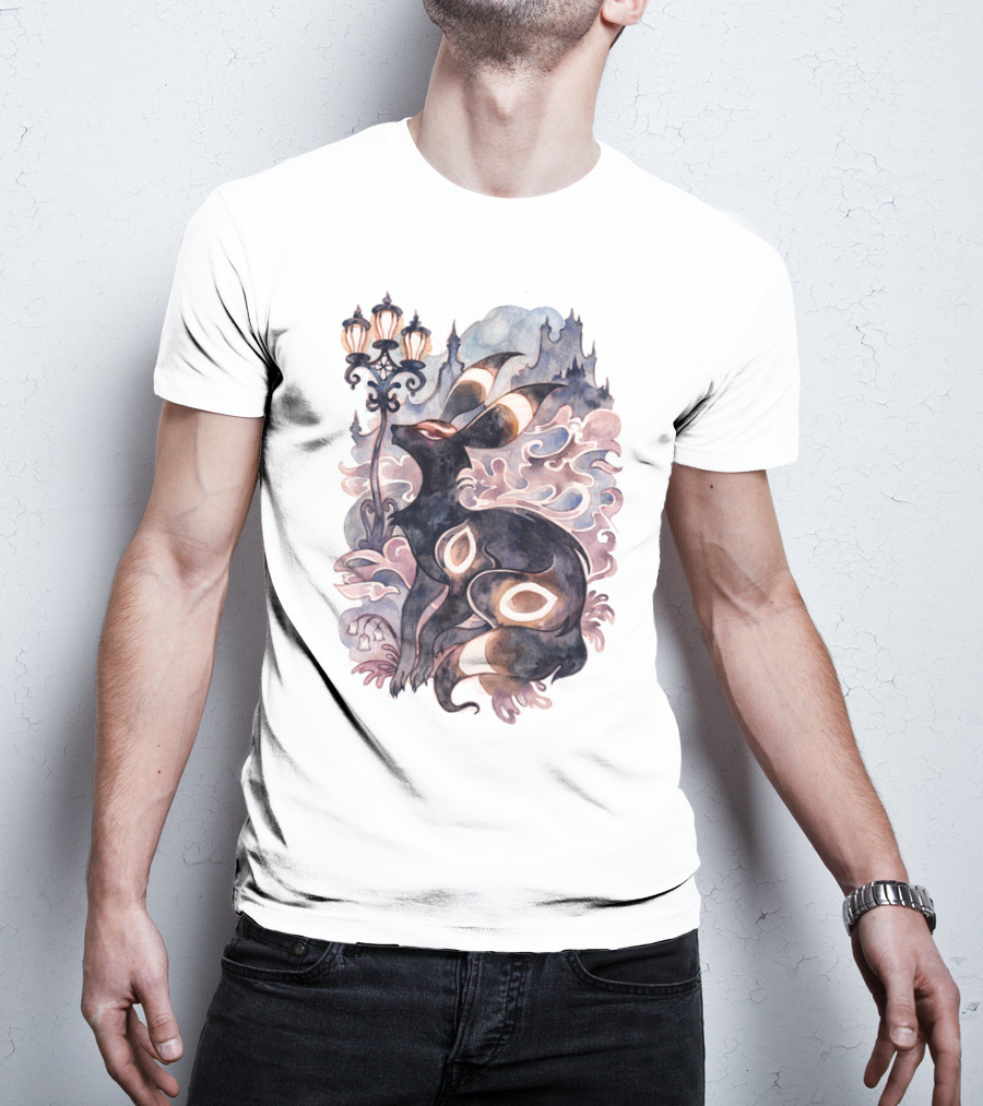 Watercolor Pokemon Umbreon Lamppost Castle Sky Background T-Shirt