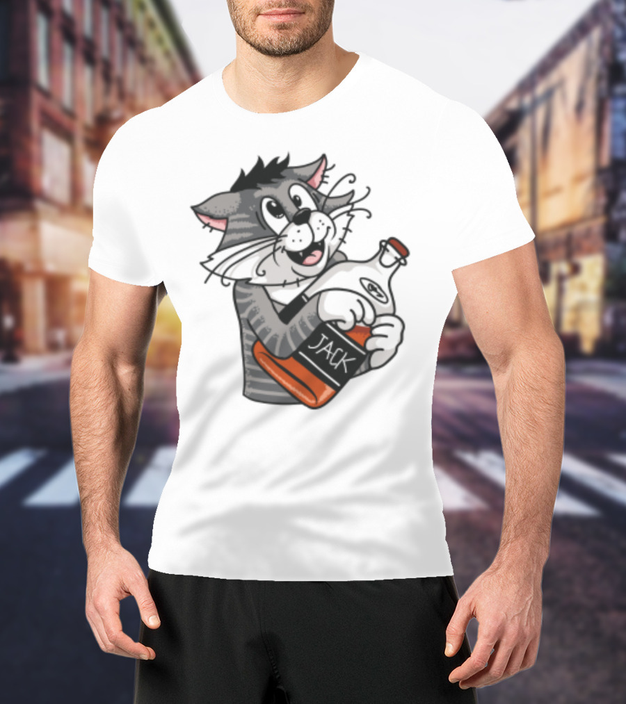 Jack Whiskey Cat Hugging Bottle Playful Striped Kitty Character T-Shirt