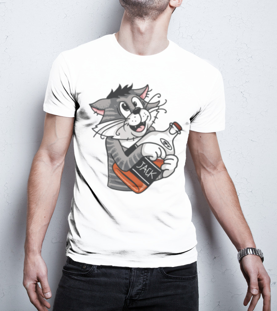 Jack Whiskey Cat Hugging Bottle Playful Striped Kitty Character T-Shirt