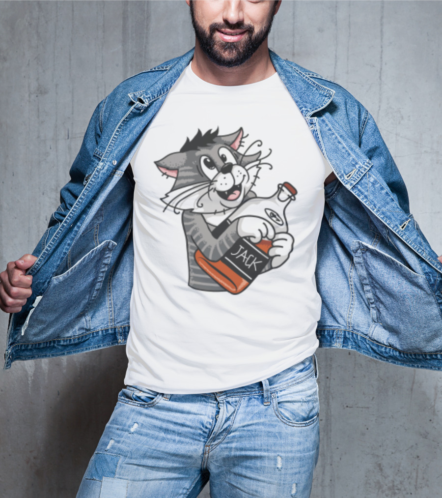 Jack Whiskey Cat Hugging Bottle Playful Striped Kitty Character T-Shirt