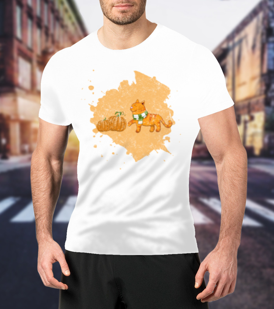 Kitty With Scarf And Pumpkins On Splash Background T-Shirt