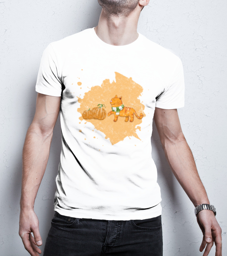Kitty With Scarf And Pumpkins On Splash Background T-Shirt