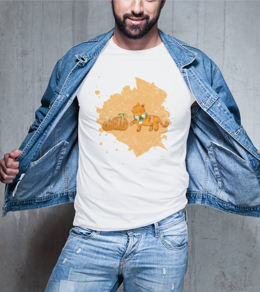 Kitty With Scarf And Pumpkins On Splash Background T-Shirt