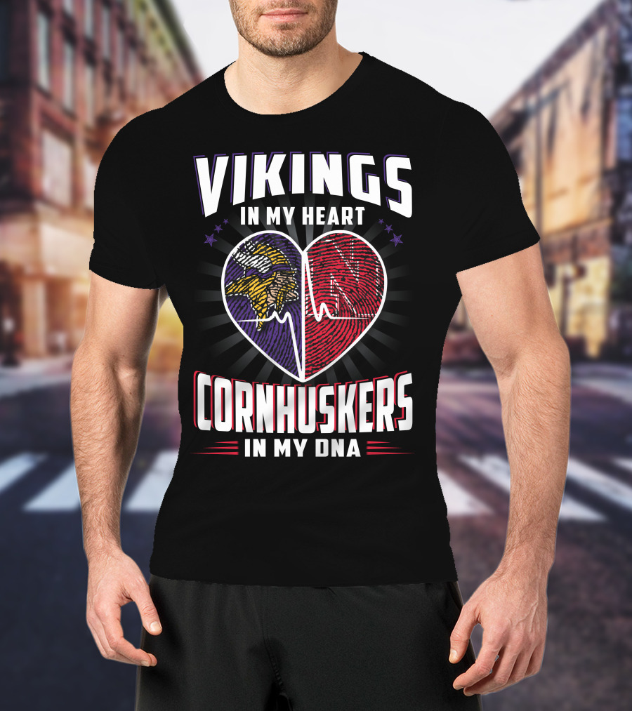 Vikings IN My Heart Cornhuskers IN My Dna Fingerprint Heartbeat T-Shirt