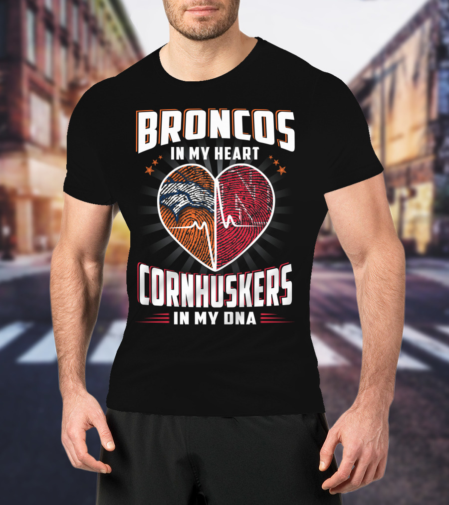 Broncos Heart Cornhuskers Dna Fingerprint Football Pride T-Shirt