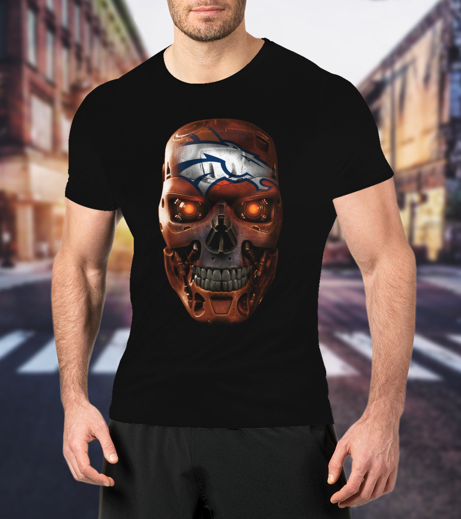 Skull With Broncos Logo Style T-Shirt