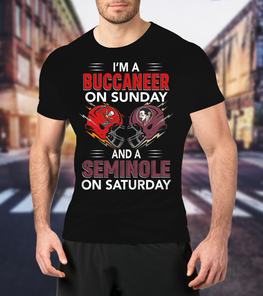 I'm A Buccaneer On Sunday And A Seminole On Saturday Helmet Logo Matchup T-Shirt