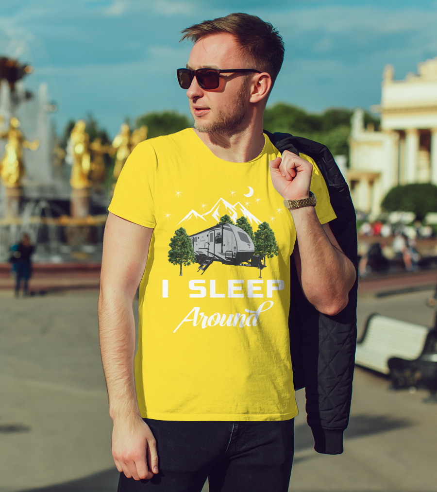 I SLEEP AROUND Forest River Surveyor Camper And Mountain Scene T-Shirt