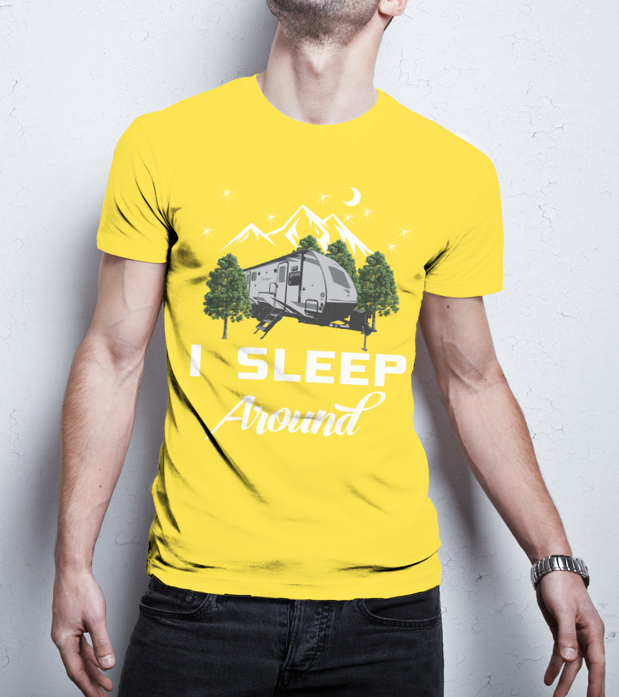 I SLEEP AROUND Forest River Surveyor Camper And Mountain Scene T-Shirt