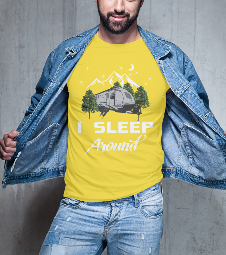 I SLEEP AROUND Forest River Surveyor Camper And Mountain Scene T-Shirt
