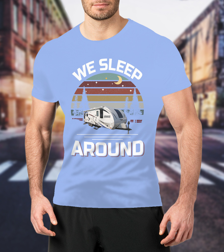 WE SLEEP AROUND Camper Moon Trees Retro Stripes T-Shirt