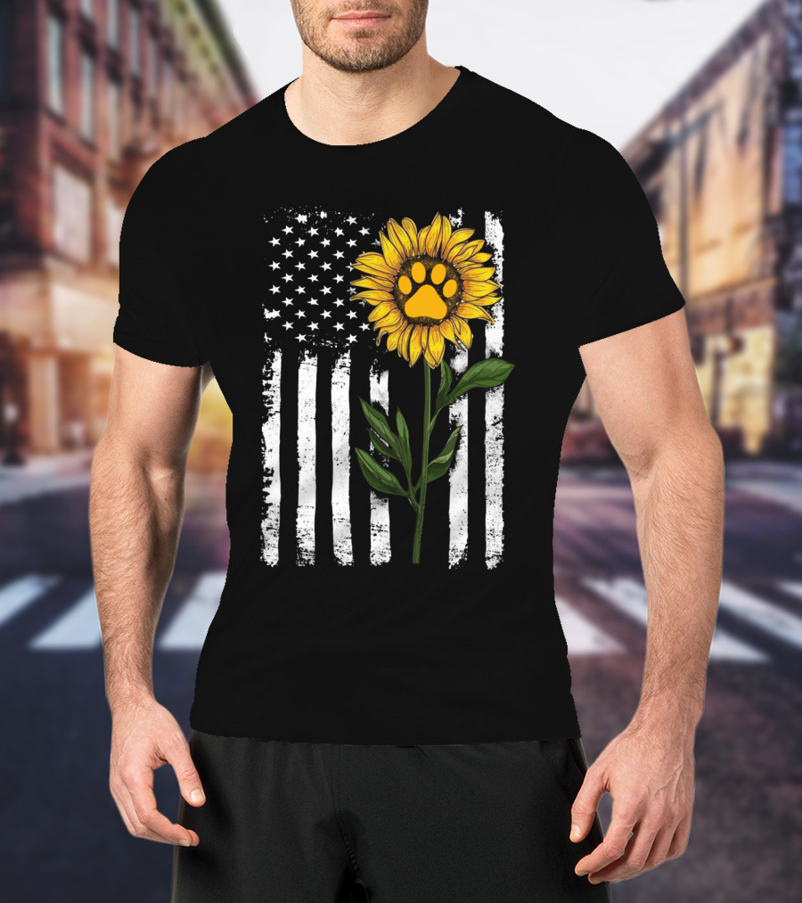 Sunflower Paw American Flag Vertical Stripes T-Shirt